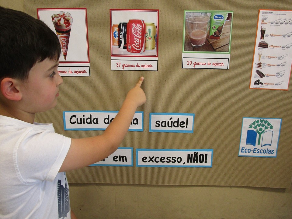 Os alunos vão respondendo a perguntas sobre os alimentos, nomeadamente, quanto ao açúcar que cada um contém.