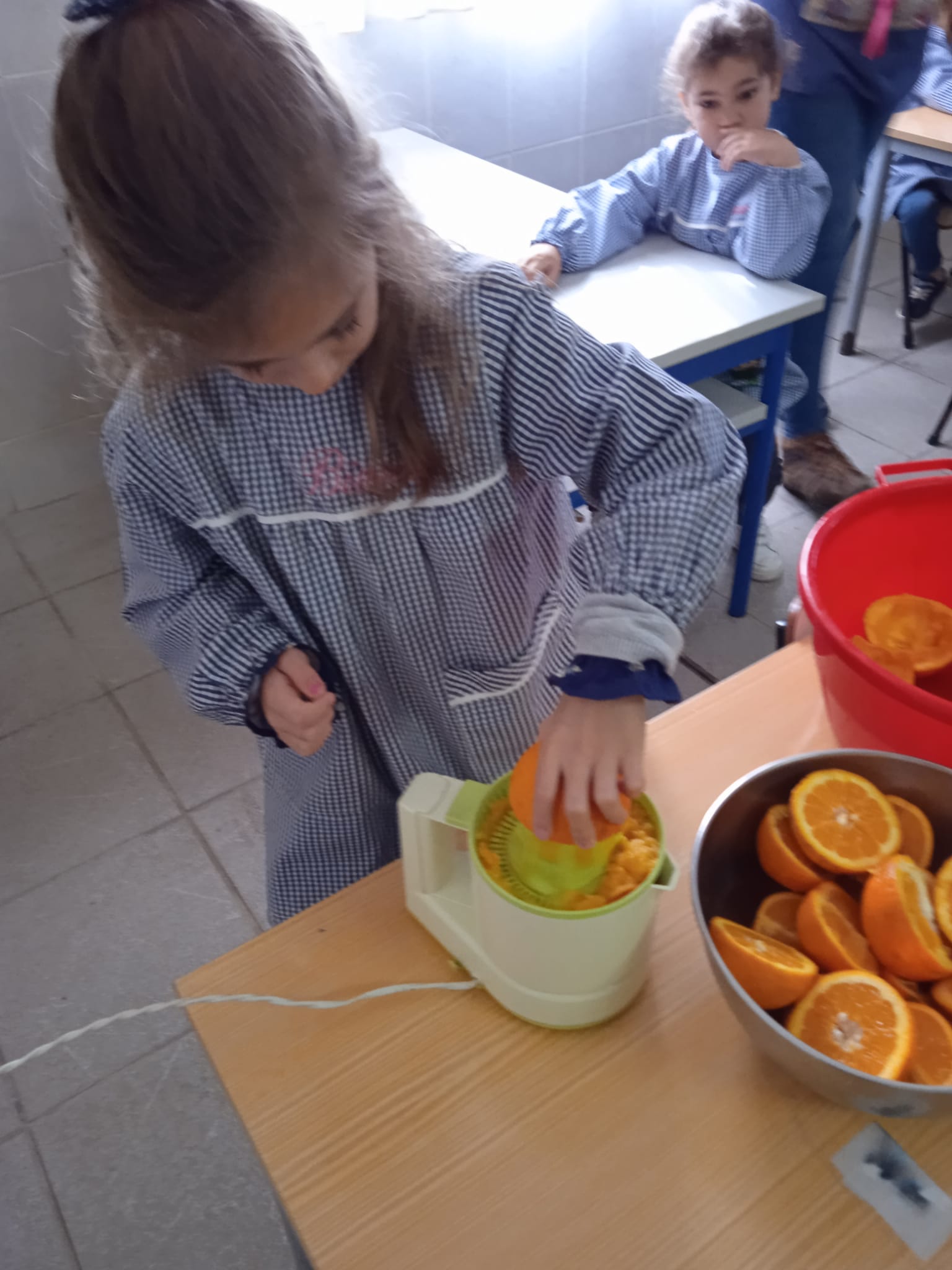Uma aluna a fazer limonada com limões da horta da Escola e sumo de laranja.